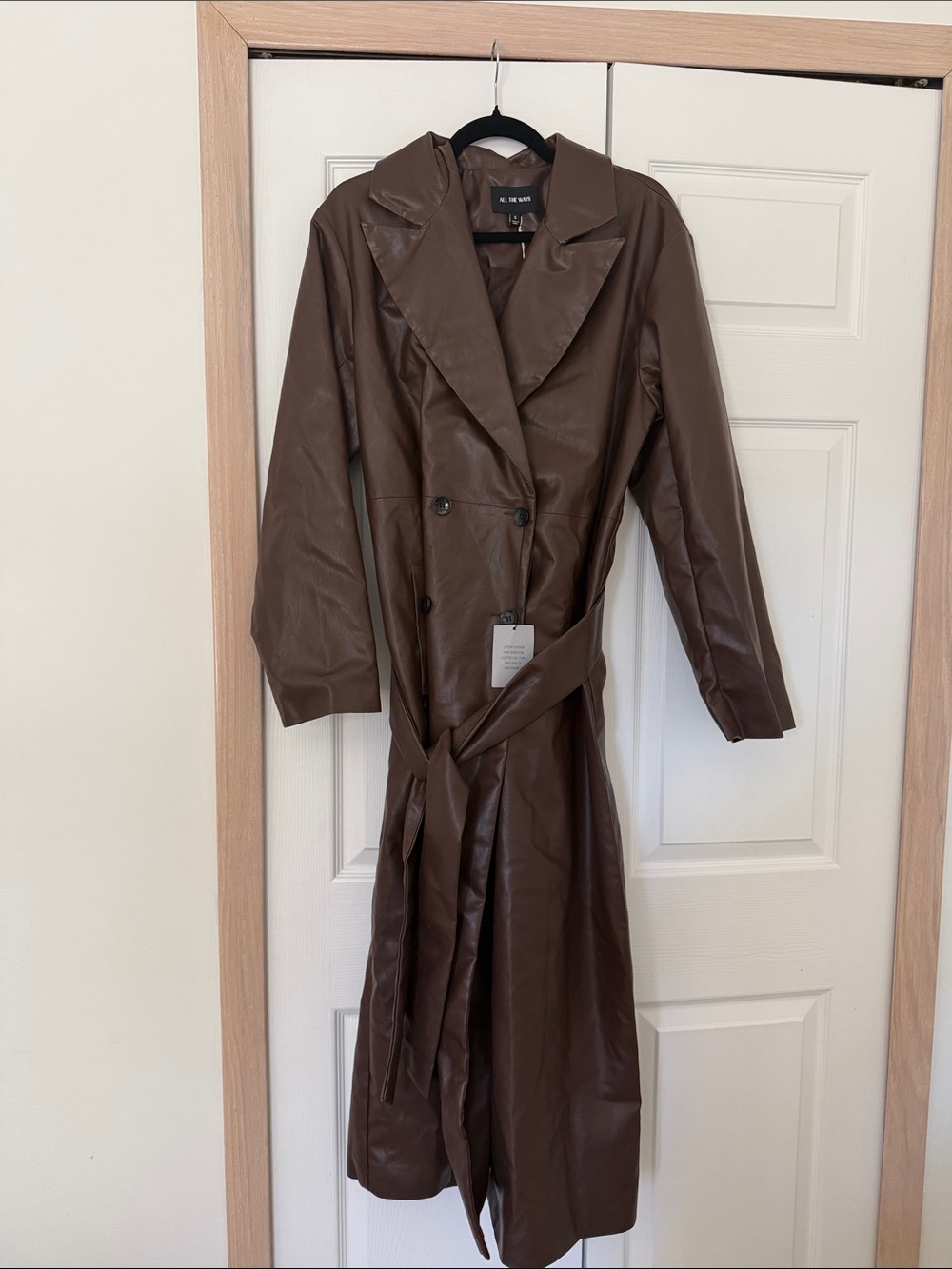 Vegan Leather Double-Breasted Trench Coat - Brown